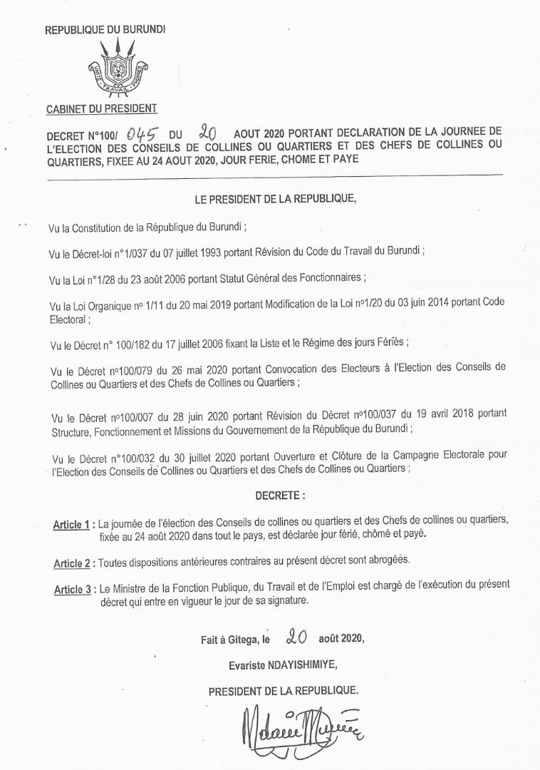 akezanet's tweet photo. Ce lundi le 24 août 2020 est déclaré jour férié, chômé et payé par décret présidentiel. Les Burundais procéderont à l'élection des chefs des quartiers ou chefs de collines et leurs conseillers.

#akezanet #Lesbeautesdecheznous https://t.co/J8etqwVmDI