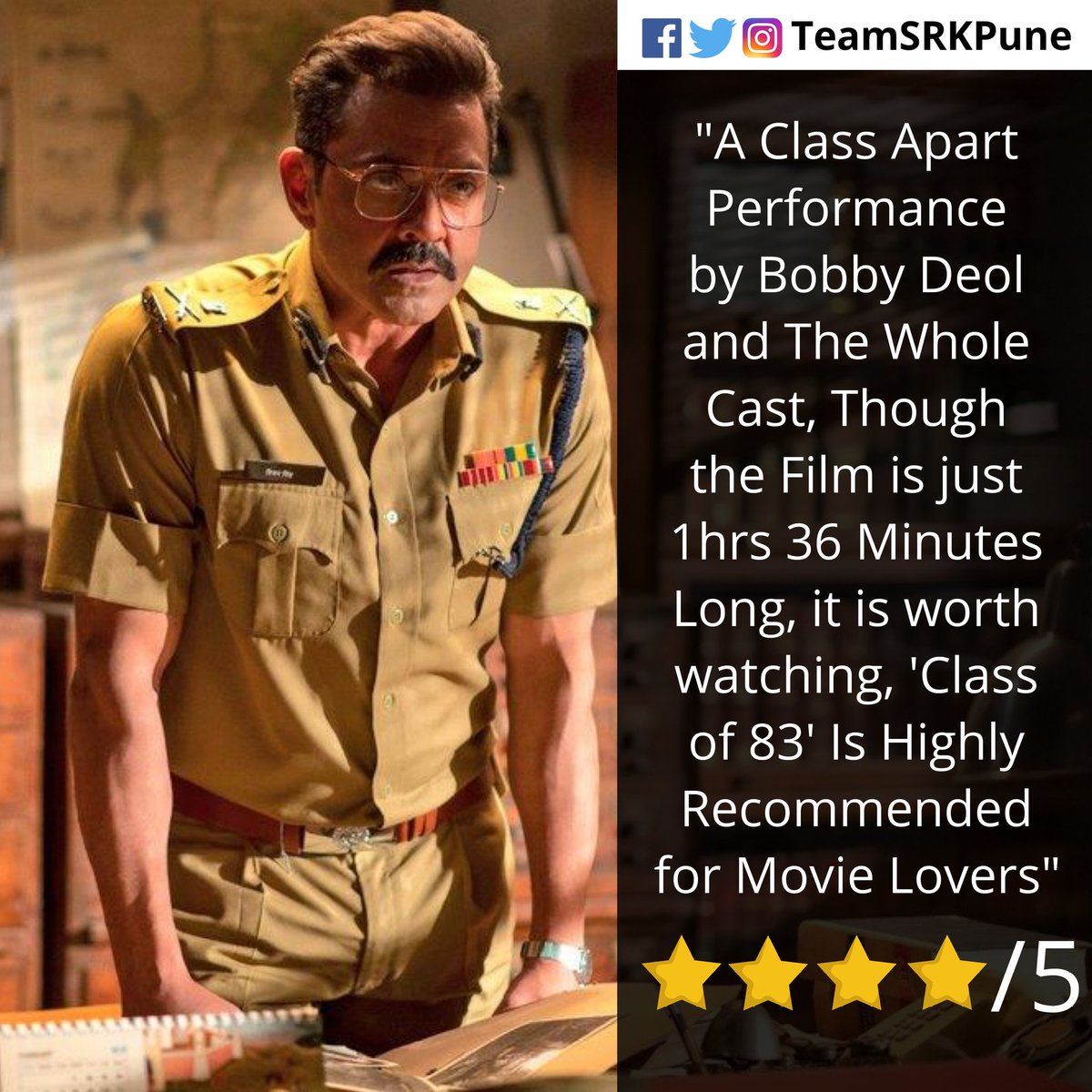 teamsrkpune's tweet image. Our Review of #Classof83 
.
.
#Classof83Review #NetflixPedofilia #Netflix #SRK #BobbyDeol #Classof83onNetflix #FridayMotivation #FridayThoughts #movies #MovieReview