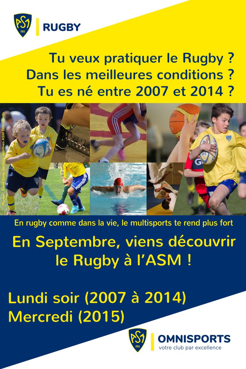 ASMOfficiel's tweet photo. #ASMFormation : votre enfant, né entre 2007 et 2015, a envie de pratiquer le rugby ? Venez ensemble découvrir cette discipline tout au long du mois de septembre avec @Asm_Omnisports  !

Plus d’infos 👉 https://t.co/j3c8eOhKs3…

#AsmOmnisports https://t.co/v27YyCsmCk