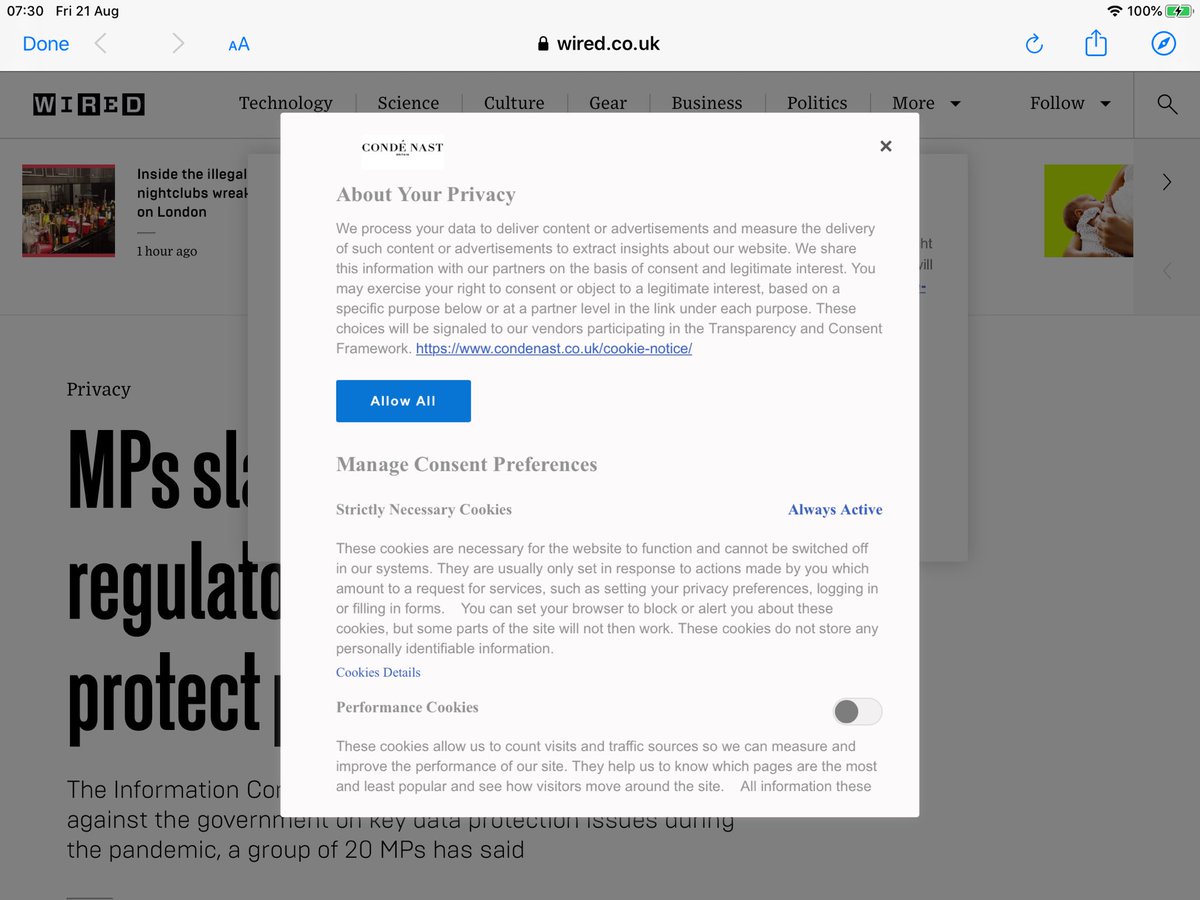 Convenience here too, because the “Allow all” button is right at the top, in bright blue for everyone to see, while the “Confirm your settings” option is at the bottom (of a locked filing cabinet stuck in a disused lavatory with a sign on the door saying ‘Beware of the Leopard’).