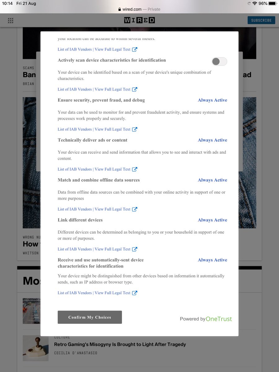 Convenience here too, because the “Allow all” button is right at the top, in bright blue for everyone to see, while the “Confirm your settings” option is at the bottom (of a locked filing cabinet stuck in a disused lavatory with a sign on the door saying ‘Beware of the Leopard’).