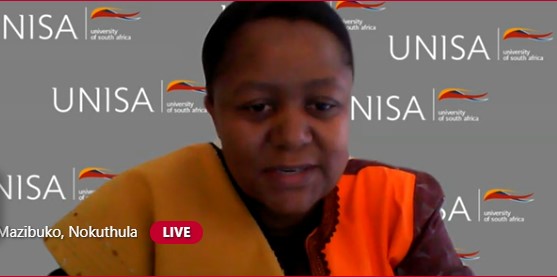 unisa's tweet photo. Prof Nokuthula Mazibuko from Unisa Institute for Gender Studies continues with the Respondent. #FAMLecture2020 @unisaradio @UnisaVC1 https://t.co/eYnPv3lcHY