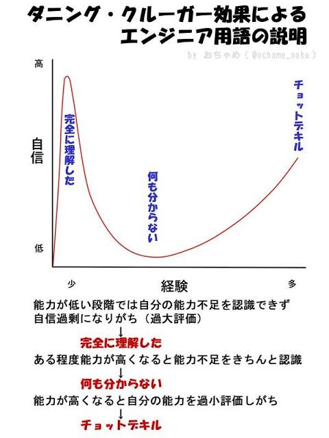 Mek 作曲依頼募集中 外から失礼します ダニングクルーガー効果のようなものでは無いでしょうか やり始めて少し経験積んで慣れてくると 俺は上手いんだ と錯覚して態度がデカくなり さらに経験を積むと実力不足を認識して大人しくなる認知バイアス