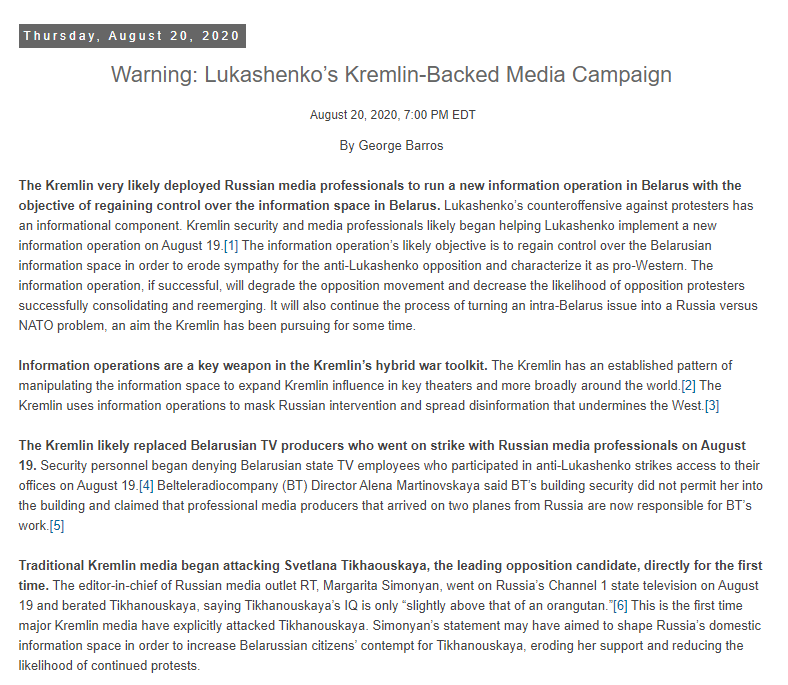 20 AUG 7:00 pm EDT"Warning: Lukashenko’s Kremlin-Backed Media Campaign"Signs indicate  #Russia starts helping  #Belarus run a more effective disinformation campaign as Russia's own state media ramps up efforts to discredit protests & their leaders http://www.iswresearch.org/2020/08/warning-lukashenkos-kremlin-backed.html