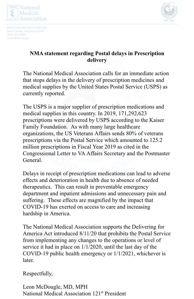 NationalMedAssn's tweet photo. NMA statement regarding Postal delays in Prescription delivery https://t.co/ibEZpYUmll