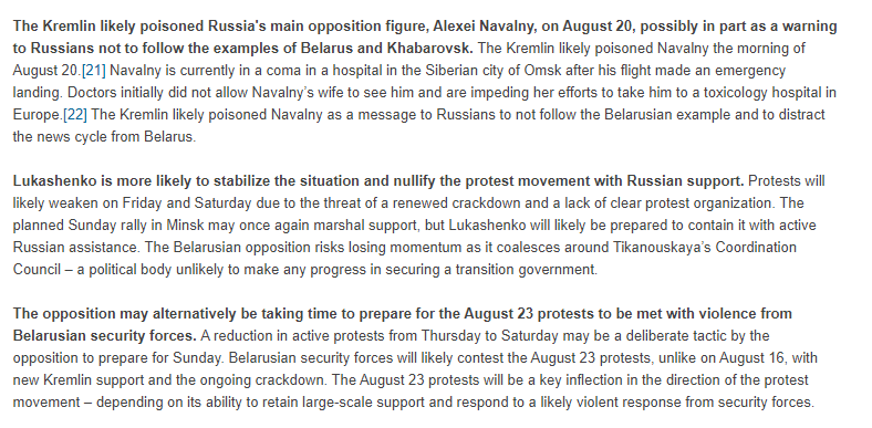 20 AUG 11:00am EDT"Warning: Kremlin Enables Lukashenko to Resume Crackdown in  #Belarus as Protest Movement Pauses"Under pressure, Grodno local government reverses support 4 protestsKremlin poisons Russian opposition leader 2 dissuade similar unrest http://www.iswresearch.org/2020/08/warning-kremlin-enables-lukashenko-to.html