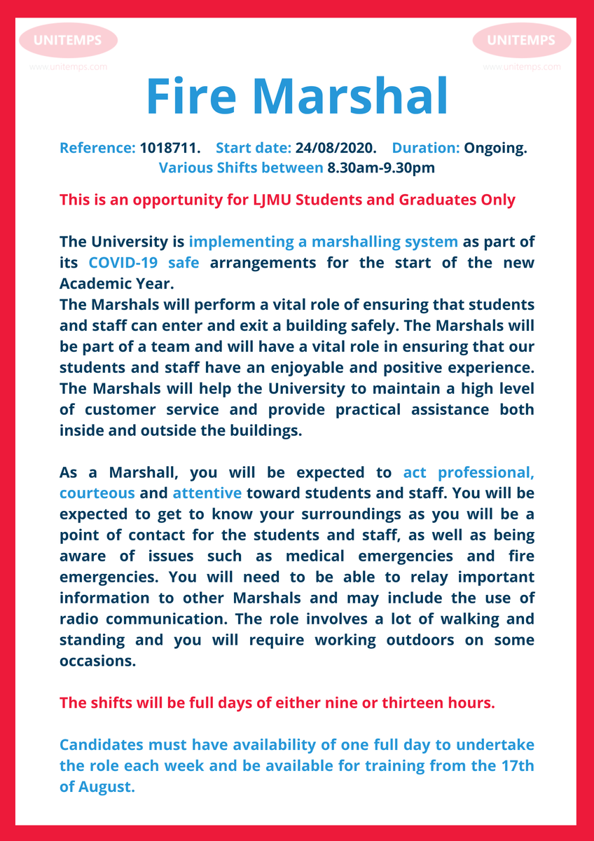 LJMUCareers's tweet photo. 💫Job opportunity for #ljmu students & graduates to help students, staff, and visitors move safely around @LJMU
🖥️To apply, visit: https://t.co/wx6auo5iBq
#LJMUTogether #ljmucareers #ljmustudent #ljmugraduate #job #Marshall
Further details below⬇️ https://t.co/Ltbg7T0tQR