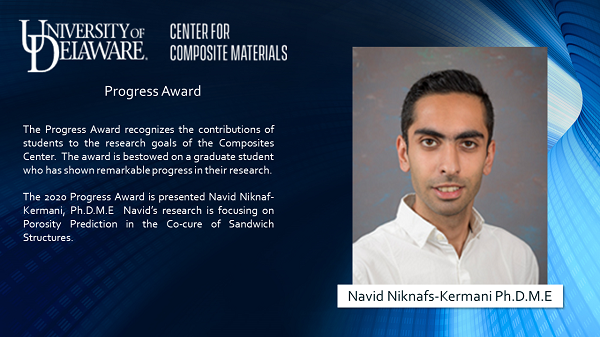 UDCCM's tweet photo. Student Achievement Awards 2020: Congratulations #Mechanical Eng. PhD student Navid Niknafs-Kermani advised by Prof. Suresh G. Advani as recipient of @UDCCM #ProgressAward for his remarkable progress in his #research.  @UDengineering @UDResearch https://t.co/Ljf0iCh7nE