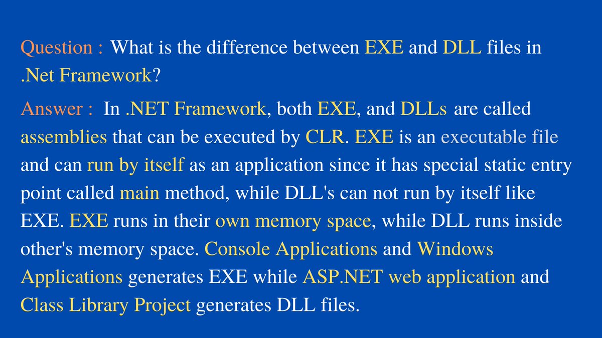 TechPointFunda's tweet image. Question: What is the difference between EXE and DLL files in the .Net Framework?
#InterviewQuestionsAndAnswersByTechPointFundamentals
#DotNetInterviewQuestionsAndAnswers
#InterviewQuestionsAndAnswers