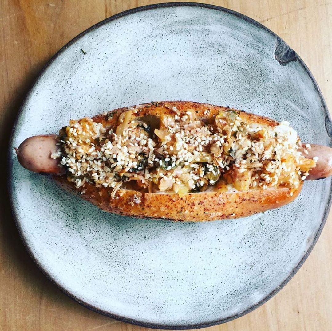 EatingNorcal's tweet image. The ‘Prog Dog’ with kimchi from @thePROGRESS_sf 
.
#EatingNorCal #hotdog #progdog #kimchi #sanfrancisco #eatlocal