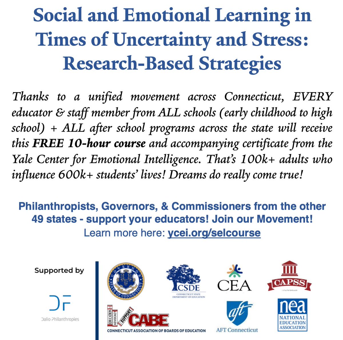 #SocialEmotionalLearning during Uncertain &amp; Stressful Times. A new, FREE 10-hour course w/ <a href="/YaleEmotion/">@YaleEmotion</a> certificate for EVERY educator/staff member (100k+) in CT thanks to <a href="/DalioEducation/">Dalio Education</a> &amp; our partnership w/ <a href="/GovNedLamont/">Governor Ned Lamont</a> <a href="/EducateCT/">CT Dept of Education</a> <a href="/capssct/">CAPSS</a> <a href="/AFTCT/">AFT Connecticut</a> <a href="/ceanews/">Connecticut Education Association (CEA)</a> &amp; many others!