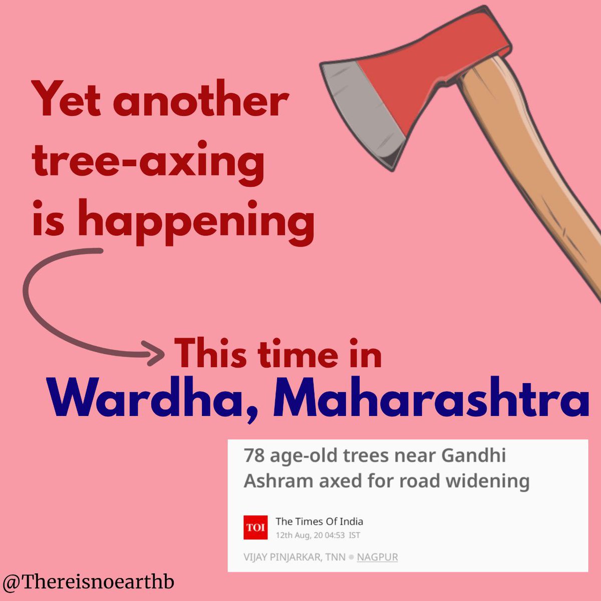 ThereIsNoEarthB's tweet photo. THE TREES IN WARDHA NEED YOUR HELP!
#EcocideAlert
The Public Works Department plans to cut 250 trees to widen the road from 10 to 14 metres under hybrid annuity mode (HAM) from Wardha-Sevagram-Samudrapur-Girad-Umred (state highway-326).
70+ TREES HAVE ALREADY BEEN CUT!
(1/3) https://t.co/Bs7n8JYPBM