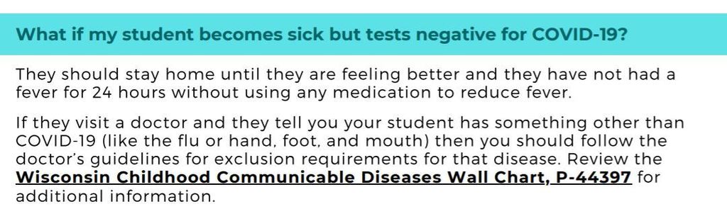 ClintonvilleHS's tweet photo. CPSD is using DPI return to school information and posting on their social media pages.  Please use this information as needed.

What if my student is sick but tests negative?
What is "Close Contact"?
What if my student came in "close contact" with someone tested positive? https://t.co/bwQURwF1Vv