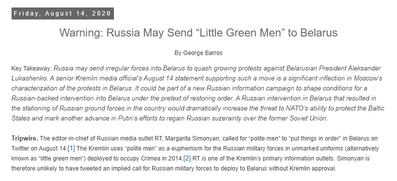 14 AUG"Warning:  #Russia May Send “Little Green Men” to  #Belarus"Key indicator was a change in Russian state media portrayal of protests, explained below http://www.iswresearch.org/2020/08/warning-russia-may-send-little-green.html