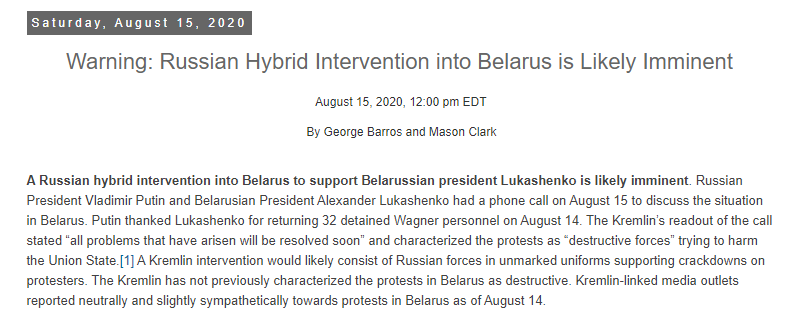 15 AUG 12:00 pm EDT"Warning: Russian Hybrid Intervention into  #Belarus is Likely Imminent"New indicators including a Lukashenko- #Putin call strengthen their 14 AUG warning http://www.iswresearch.org/2020/08/warning-russian-hybrid-intervention.html