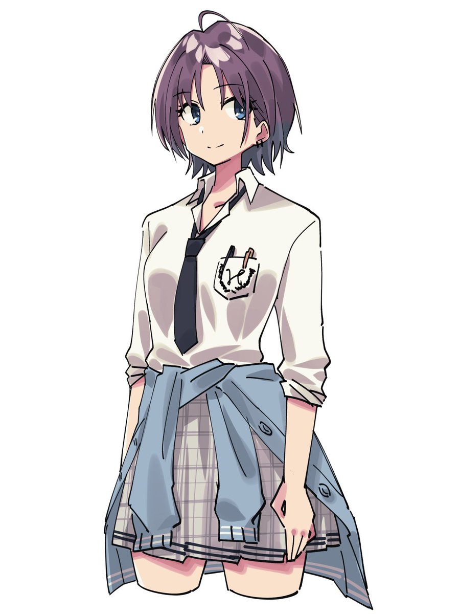 asakura toru 1girl solo necktie skirt white background shirt clothes around waist  illustration images