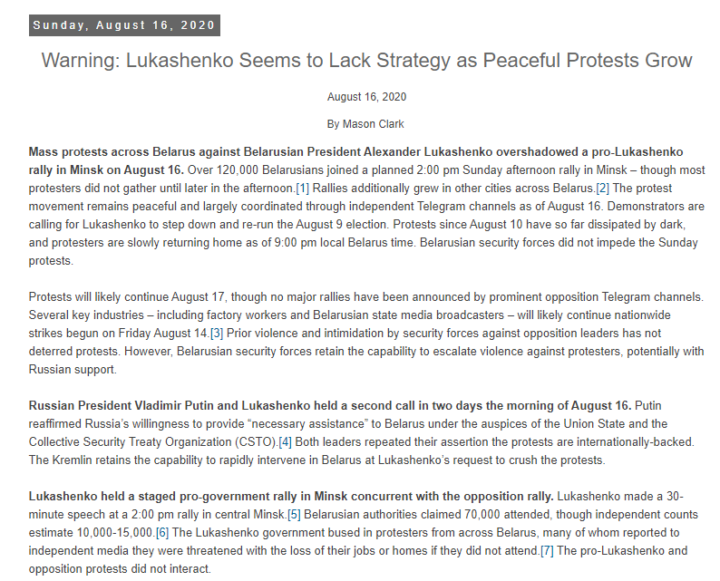 16 AUG"Warning: Lukashenko Seems to Lack Strategy as Peaceful Protests Grow"Lukashenko's counter-protest fails & he starts looking shaky http://www.iswresearch.org/2020/08/warning-lukashenko-seems-to-lack.html