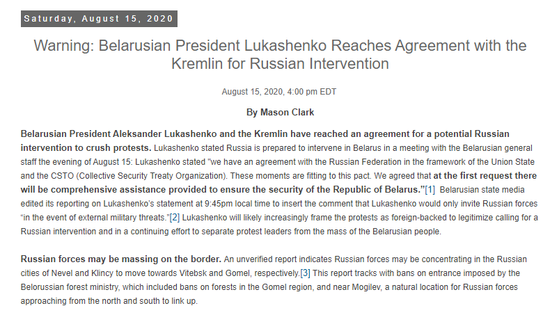 15 AUG 4:00 pm EDT"Warning: Belarusian President  #Lukashenko Reaches Agreement with the Kremlin for Russian Intervention"The ISW team caught & quickly published early signs of a possible Russian troop mobilizationht  @IsabelIvanescu for map support http://www.iswresearch.org/2020/08/warning-belarusian-president-lukashenko.html
