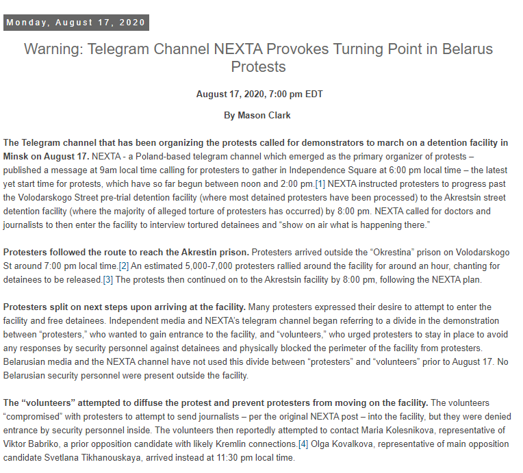 17 AUG 7:00 pm EDT"Warning: Telegram Channel NEXTA Provokes Turning Point in  #Belarus Protests"Protesters marched on a detention facility where allegations of torture of detained protesters has emerged but the protest's cohesion faltered http://www.iswresearch.org/2020/08/warning-telegram-channel-nexta-provokes.html