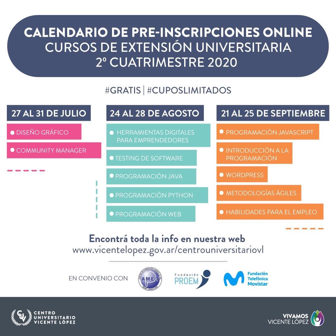 belurey's tweet photo. Se vienen los cursos de extensión universitaria del Centro Universitario @VivamosVL para este segundo cuatrimestre - Modalidad online y 100% gratuitos. Acá toda la info: https://t.co/yg7OttoSrd @mfguerci @eduvinales https://t.co/K7jBlnFEnY