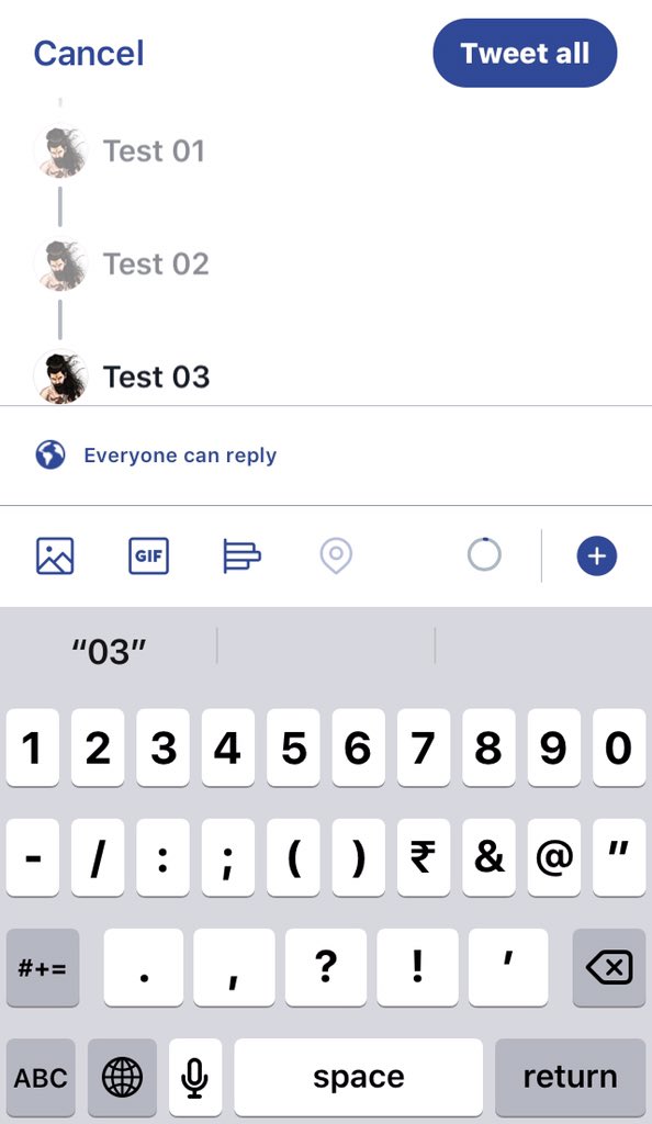 1) How to post a thread ആദ്യം ഒരു ട്വീറ്റ് കംബോസ് ചെയ്യുക, എന്നിട്ടു character length തീരുമ്പോ അതിന്റെ സൈഡിൽ ഒരു + ബട്ടൺ ടാപ്പ് ചെയ്തു ഒരു ഓർഡറിൽ ടൈപ്പ് ചെയ്തു പോയ മതി. അഥവാ കറക്ഷൻ ഉണ്ടെങ്കിൽ ട്വീറ്റ് പോസ്റ്റ് ചെയ്യുന്നതിന് മുന്നേ ടാപ്പ് ചെയ്തു എഡിറ്റ് ചെയ്യാൻ സാധിക്കും.