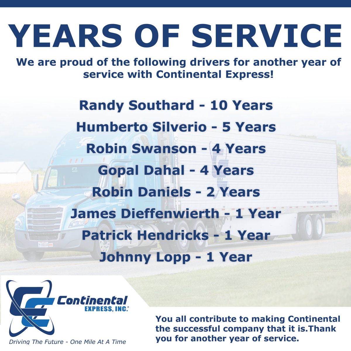CEIOHIO's tweet image. Congrats to the following drivers for another year of service! Thank you for everything you do!
.
.
.
.
#DRIVE4CE #CE #ContinentalExpress