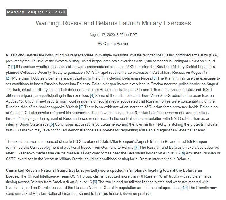 17 AUG 5:00 pm EDT"Warning:  #Russia and  #Belarus Launch Military Exercises"Further indications of military mobilization emerge as Lukashenko starts losing a key support base: state enterprise workers http://www.iswresearch.org/2020/08/warning-russia-and-belarus-launch.html