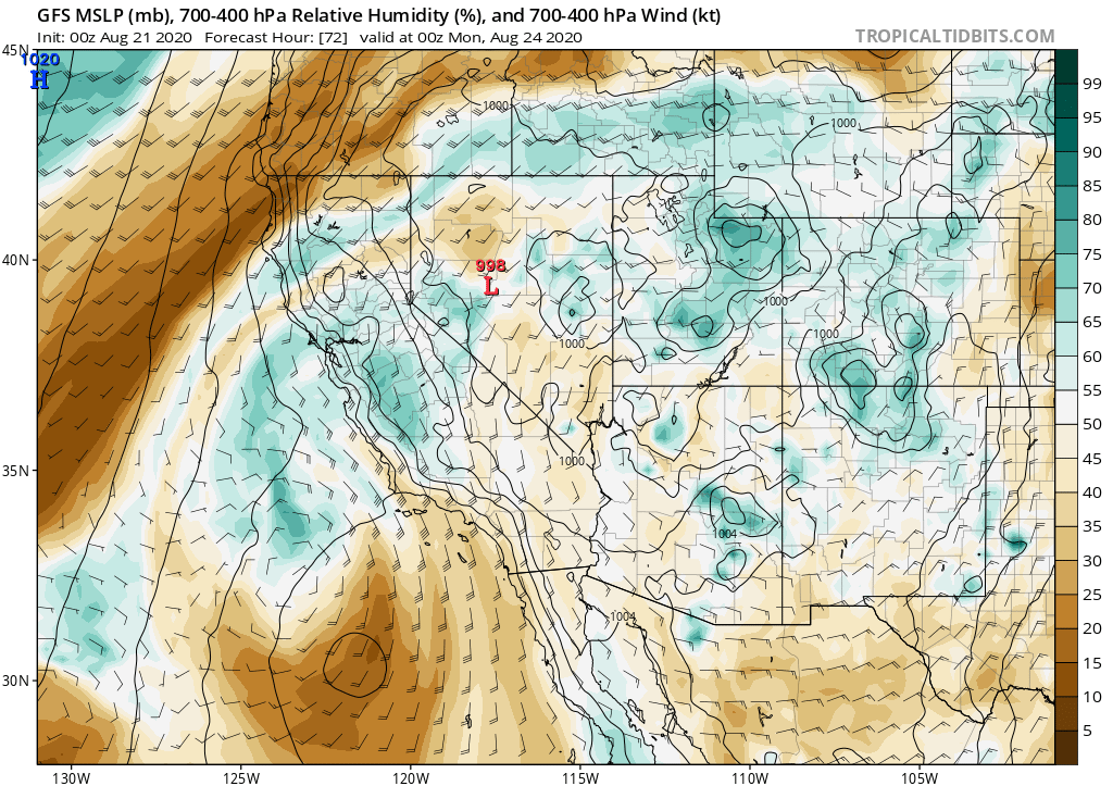 Then, slightly disconcerting news. Remnant moisture & instability from former Hurricane  #Genevieve will approach CA from south on Sunday. Uncertainty remains, but right now it appears there is a real risk of *another* dry lightning event in NorCal Sun/Mon.  #CAwx  #CAfire (3/n)