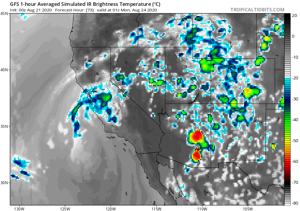 Right now, I'd put the odds of dry lightning somewhere in NorCal Sun-Mon somewhere around 50/50. So there's a 50% chance this fizzles altogether. (Fingers crossed). But these storms, if they occur, would produce little/no rain as well as lightning & gusty winds. #CAwx  #CAfire(4/n)
