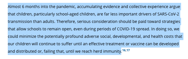 מאמר במגזין היוקרתי pediatrics:"These data all suggest that children are not significant drivers of the COVID-19 pandemic. It is unclear why documented SARS-CoV-2 transmission from children to other children or adults is so infrequent" https://pediatrics.aappublications.org/content/146/2/e2020004879.full<<