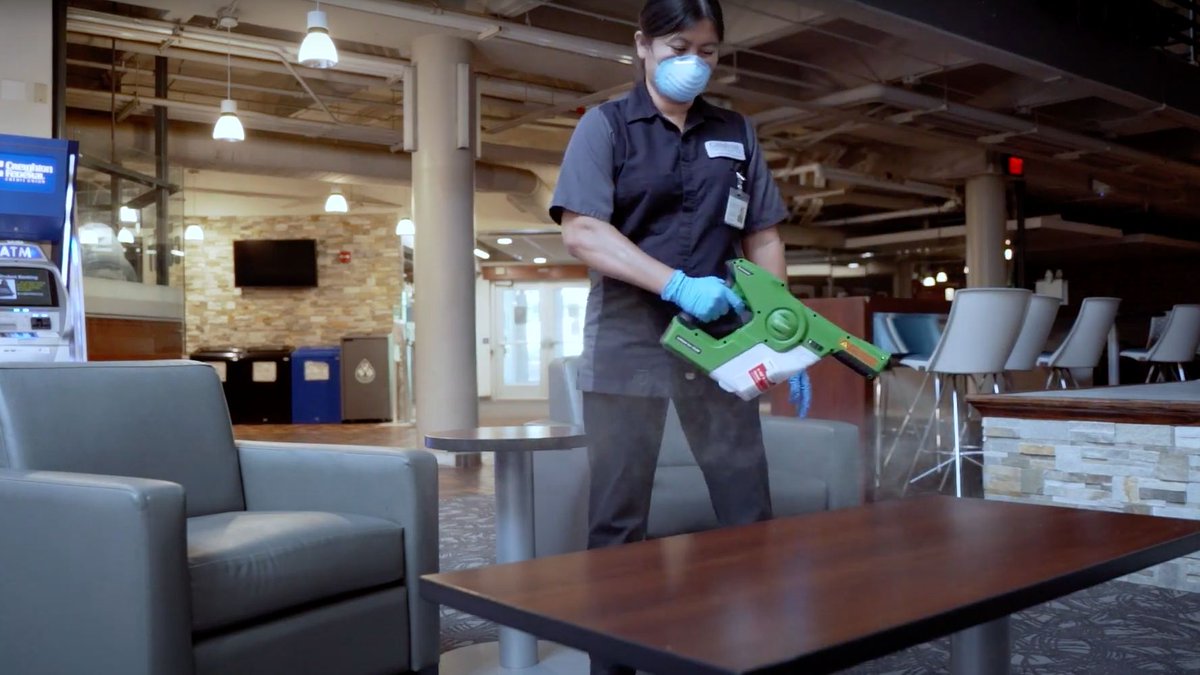 It takes the entire Creighton community to keep campus clean. Our custodians  use high-tech fogging machines and manual cleaning processes to daily clean and sanitize public spaces and common areas across campus during periods of use. Learn more: bit.ly/34q6YHg
