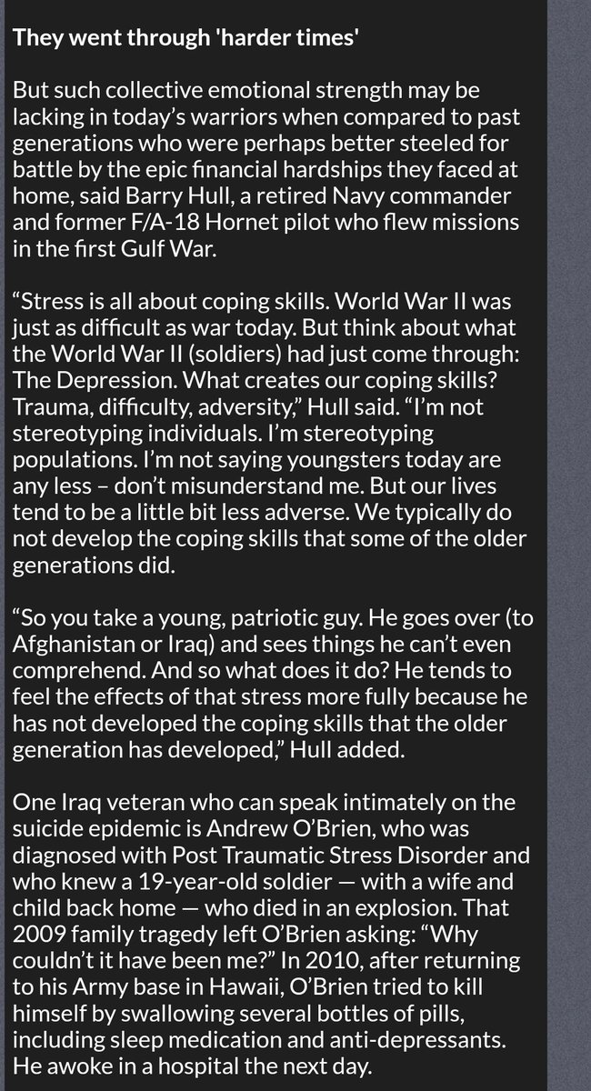 The running thesis seems to be that wars have gotten longer, and longer wars cause more trauma to the individual soldier. A second is that the modern soldier comes from a pampered background, he cannot handle the stress of war.That answer is satisfactory, I guess  #USArmy 4/