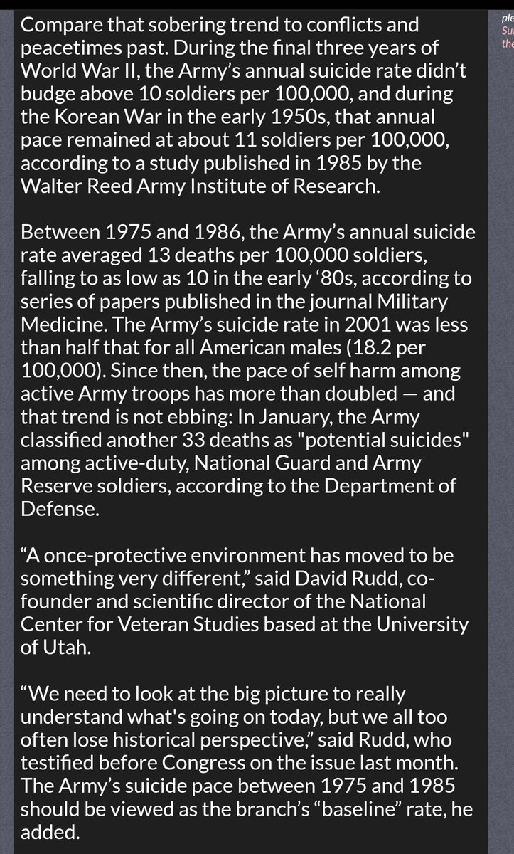 So I did some digging, asked more questions: what has changed? If its not the nature of war which causes suicide, then it must be cultural.Here is what I found  https://msrc.fsu.edu/news/msrcs-david-rudd-consulted-why-modern-soldiers-are-more-susceptible-suicide3/  #USArmy