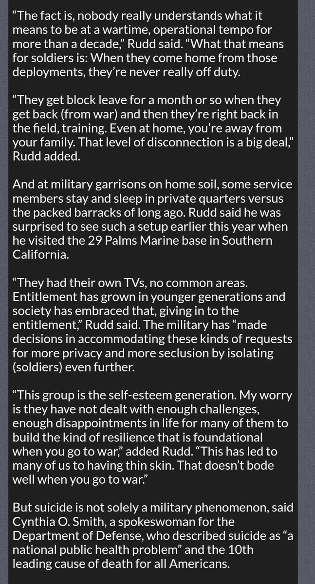 So I did some digging, asked more questions: what has changed? If its not the nature of war which causes suicide, then it must be cultural.Here is what I found  https://msrc.fsu.edu/news/msrcs-david-rudd-consulted-why-modern-soldiers-are-more-susceptible-suicide3/  #USArmy