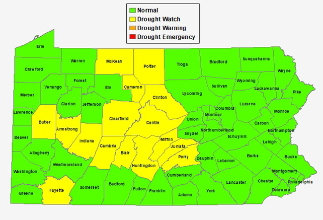 SCLadies1st's tweet photo. DROUGHT WATCH: You don't see this too often! Thanks in part to our abnormally dry summer, the state of Pennsylvania has put portions of the Northern Tier and Central PA in a drought watch. #Dry #RainIsNeeded
@NWSMARFC @NWSStateCollege https://t.co/GX79w9Yhe4