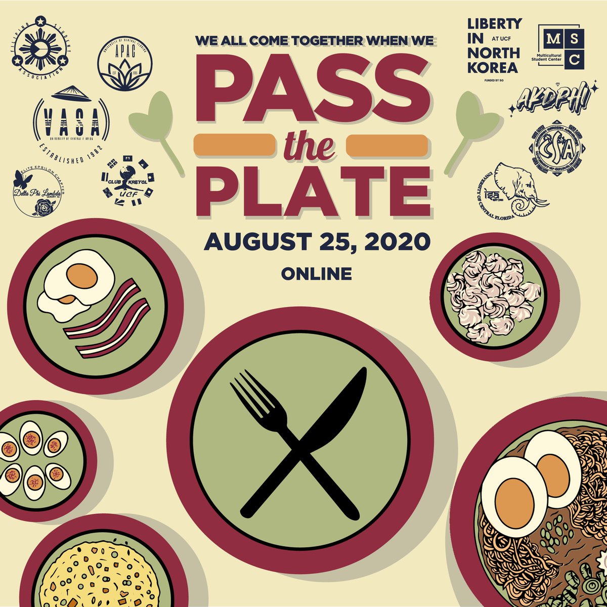MSC_UCF's tweet photo. In lieu of our annual Taste of UCF event, join MSC and participating RSO's, as we Pass the Plate. This week-long event, starting August 25th - 28th will feature cultural dishes that all share the common ingredient, EGGS!
Be sure to check in on the MSC Instagram or Facebook page! https://t.co/72iooFnngu