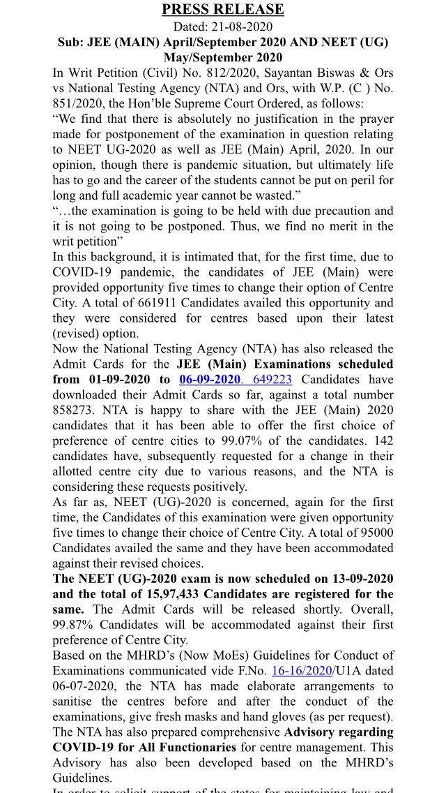 NidhiTanejaa's tweet image. #OFFICIAL press release issued by the Education Ministry/NTA: JEE, NEET Exams on scheduled dates only. Ministry says elaborate safety arrangements will be made at exam centres. 

@DrRPNishank @anubha1812 @advocate_alakh @swamy39
#ProtestAgainstExamsInCovid