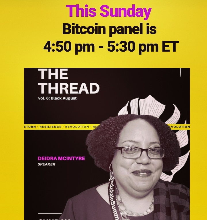 RedibisHosting's tweet image. @TstmkrsAfrica's #TheThread (#WeAreTheThread) will have a Bitcoin panel starting at 4:50 pm ET. #blackpeopleandcryptocurrency founder Deidra McIntyre will be a panelist this Sunday. #BlackPeople join the #bitcoin convo. #SatoshiIsBlack #BlackTechTwitter