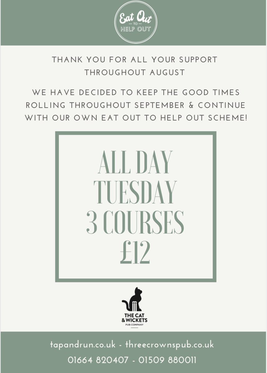 tapandrunCW's tweet photo. We’re continuing our own Eat Out to Help Out offer on Tuesdays throughout September 🙌🏻 With our 3 course menu for just £12. Head to our website to book your table.
.
.
.
#eatouttohelpout #september #offer #tapandrun #upperbroughton #meltonmowbray #netherbroughton #olddalby https://t.co/EcvYOxT9Qw