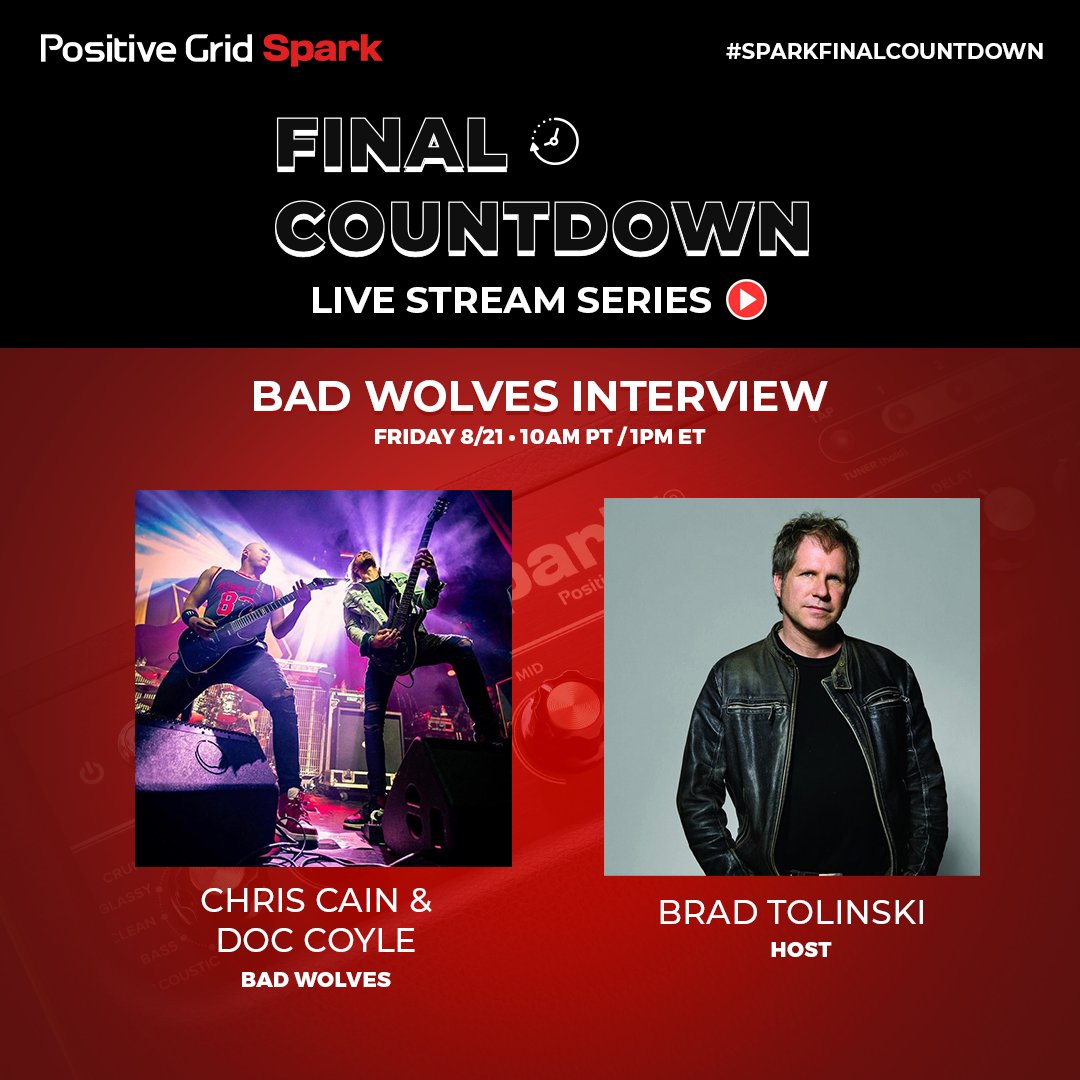PositiveGrid's tweet photo. TODAY we're going one-on-one with hard rock heroes @badwolves on our YouTube, Facebook and Twitter for the final #SparkFinalCountdown livestream! Tune in at 10am PT / 1pm ET ๐ค https://t.co/UroPYcBRYF