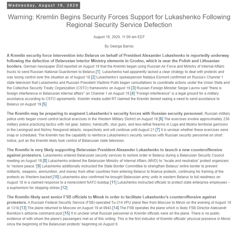 19 AUG 11:00am EDT"Warning: Kremlin Begins Security Forces Support for Lukashenko Following Regional Security Service Defection"Russian National Guard & FSB deploy to  #Belarus as Lukashenko orders forces to "neutralize" protest leaders & restore order http://www.iswresearch.org/2020/08/warning-kremlin-begins-security-forces.html