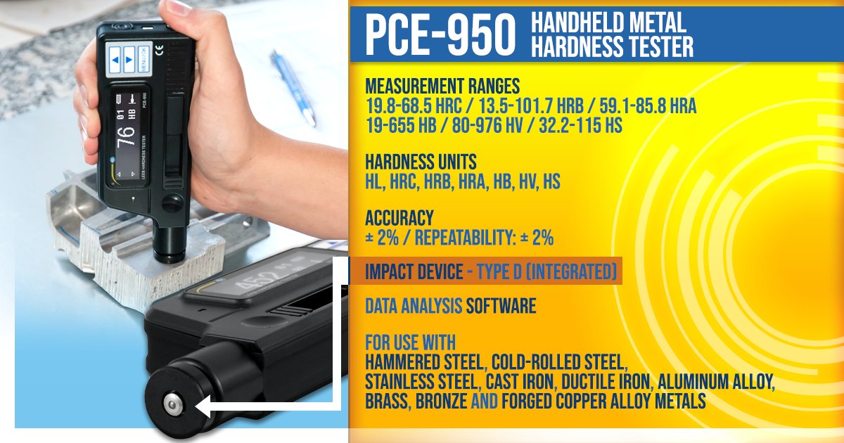 The PCE-950 is a handheld #metal hardness tester used to determine the hardness of 10 different types of metal. The metal hardness tester displays hardness measurements in Rockwell C, Rockwell B, Rockwell A, Brinell, Vickers and Shore hardness units. ow.ly/6V3050B5CgV