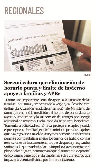 EnergiaCoquimbo's tweet photo. PRENSA🗞️: Seremi de Energía valora que eliminación de horario punta y límite de invierno apoye a familias y APRs, informan hoy @eldia_cl @LaRegionDiario @LsTiempo 👍 https://t.co/PSSrYRMShd