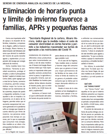 EnergiaCoquimbo's tweet photo. PRENSA🗞️: Seremi de Energía valora que eliminación de horario punta y límite de invierno apoye a familias y APRs, informan hoy @eldia_cl @LaRegionDiario @LsTiempo 👍 https://t.co/PSSrYRMShd