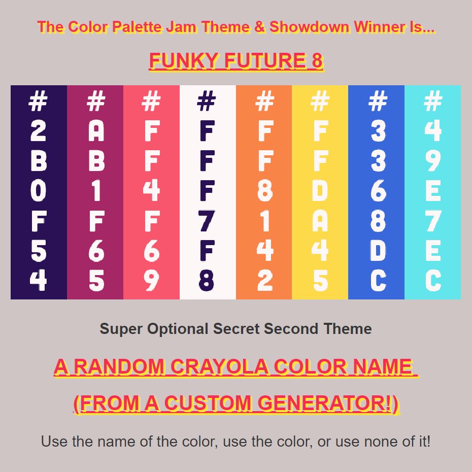 SocietyOfPlay's tweet photo. #HexcodeJam is ON! Funky Future 8 is the official color palette of the jam, which ends in 10 days on Aug 31st. See the Itch page for an additional 2nd scheme: https://t.co/1ojFsuLVhN.
Looking for a team? Check out our team-finder spreadsheet: https://t.co/JNvkjWxcYu https://t.co/e8LUVDPHy4
