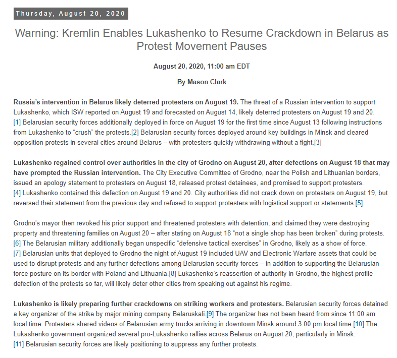 20 AUG 11:00am EDT"Warning: Kremlin Enables Lukashenko to Resume Crackdown in  #Belarus as Protest Movement Pauses"Under pressure, Grodno local government reverses support 4 protestsKremlin poisons Russian opposition leader 2 dissuade similar unrest http://www.iswresearch.org/2020/08/warning-kremlin-enables-lukashenko-to.html