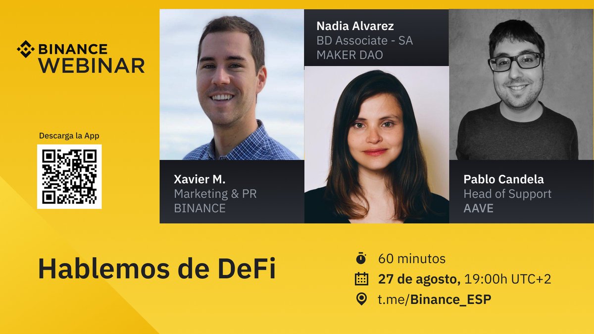 BinanceLATAM's tweet photo. 📢 ¡Hablemos de #DeFi! ¡No te pierdas este panel con @AaveAave y @MakerDAO!

👉 https://t.co/x8HNPMH5YR

🕐 27 de agosto:
🇪🇸 19:00h
🇦🇷 14:00h
🇻🇪 13:00h
🇲🇽 12:00h

Sorteo de 2 $BNB:
🔸Comenta este tweet con tu proyecto DeFi favorito y #BinanceDeFi
🔸Etiqueta a 2 amigos
🔸RT + Like https://t.co/JG4hggwEgX