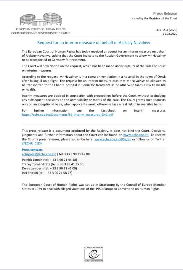 Европейский суд по правам человека в ближайшее время примет решение по сегодня поданному заявлению о срочных неотложных мерах по необходимости срочной транспортировки Алексея Навального в компетентную медицинскую организацию. Исключительный случай.