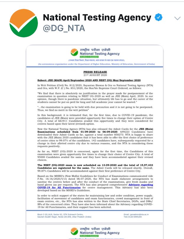 NidhiTanejaa's tweet image. NTA has also tweeted the same press release now. #ProtestAgainstExamsInCOVID