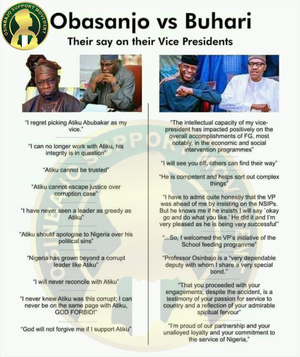StephenDeegbara's tweet photo. #Obasanjo Vs @MBuhari
Their say about their VP.
#StarBoy, #PYO, #integrity #Tested, #Trusted.
#NextLevelReloading
#OSMMedia https://t.co/nFp2MQgblw